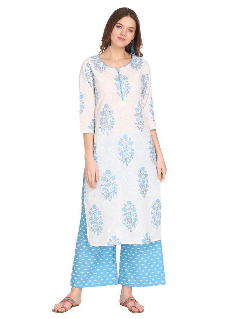 Blue Colour Fancy Designer Ethnic Regular Wear Cotton Printed Kurti And Palzzo Stylish Latest Collection 159